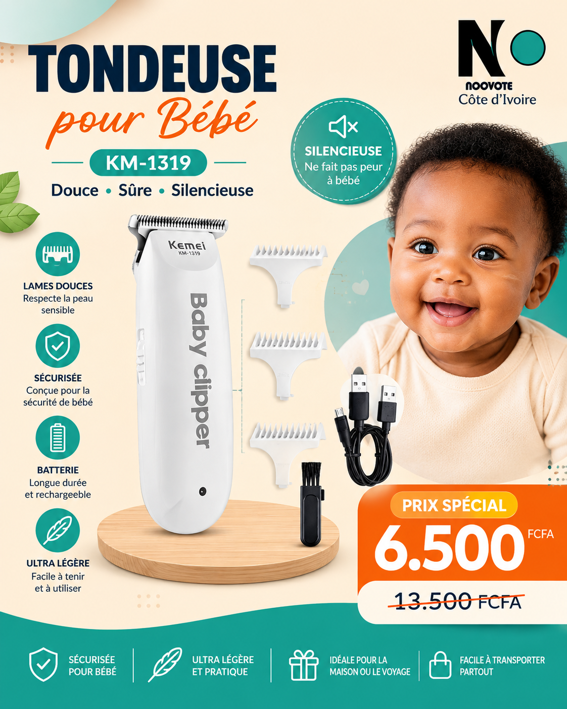 Tondeuse pour Bébé et Enfant Kemei KM-1319